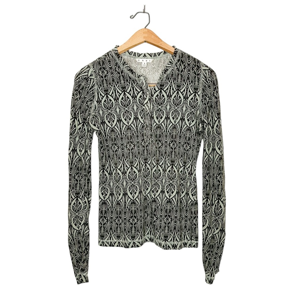 Cabi Lightweight Snap Button Front Long Sleeve Henley Print Shirt Small S